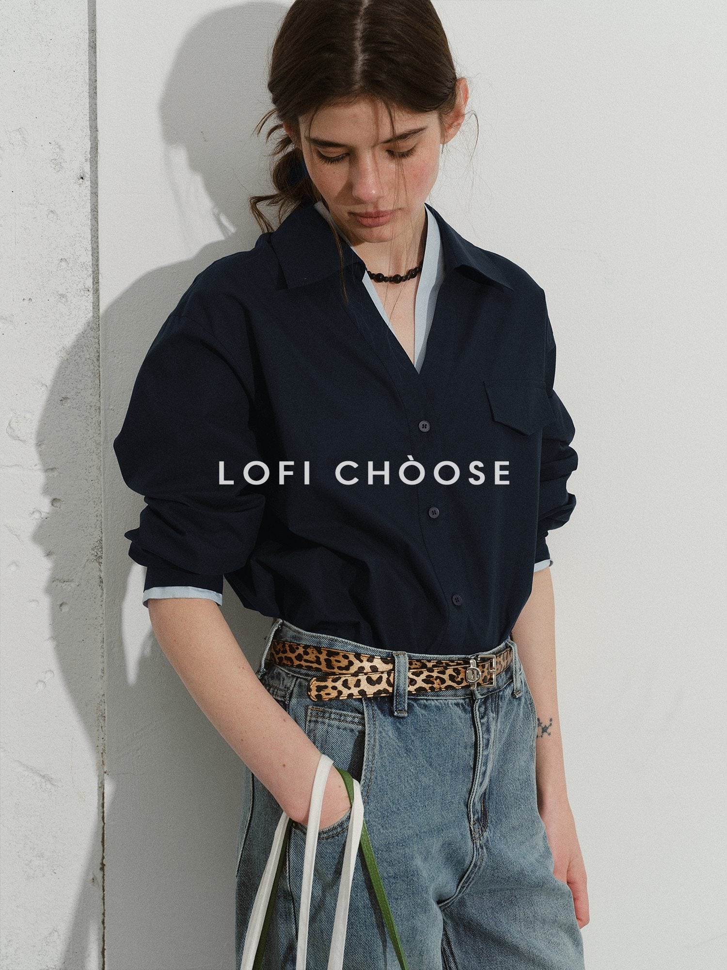 Lofi choose Soft Pure Cotton Colorblock Loose V-neck Button Long Sleeve Womens Navy Shirts