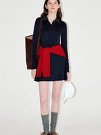 fano Soft Embroidered Tencel Vintage Aline Slim Long Sleeve Navy Midi Dresses