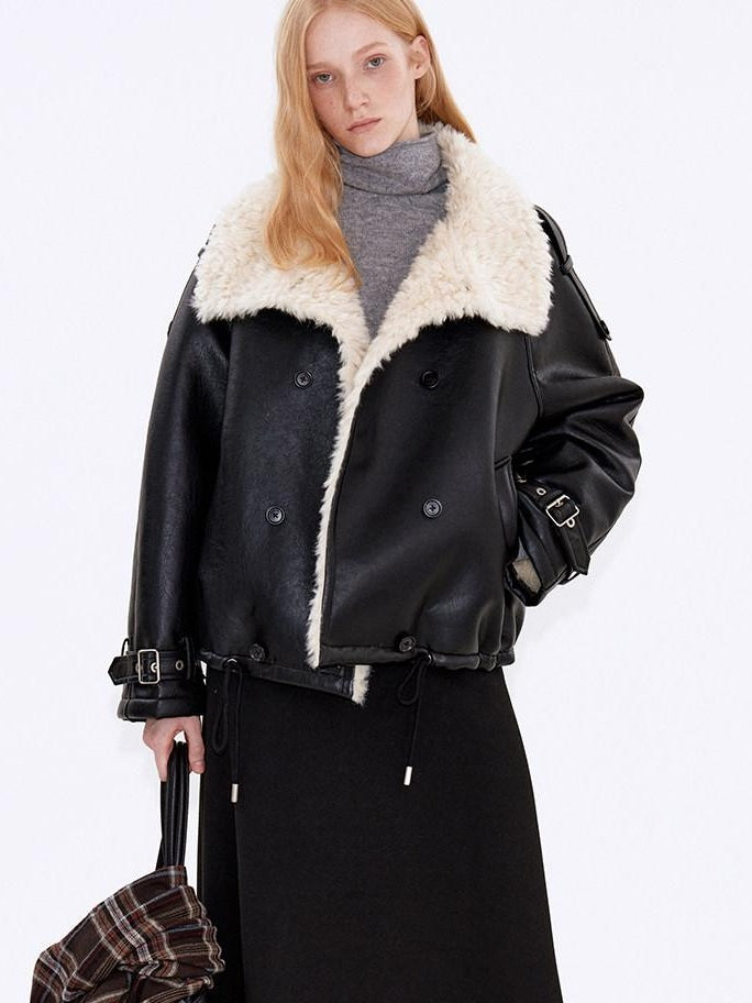 fano Warm Shearling High Collar Double Breasted Loose Fit Women Black Leather Jackets