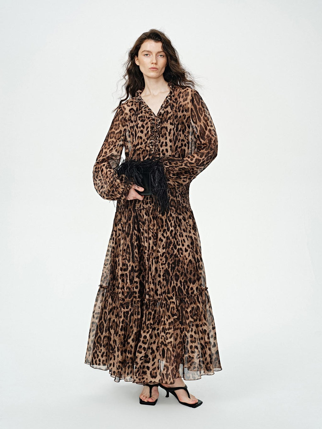 audreyyang Silk Blend Leopard Print A Line Fitted Waist Long Sleeve Vacation Maxi Dresses
