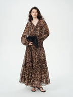 audreyyang Silk Blend Leopard Print A Line Fitted Waist Long Sleeve Vacation Maxi Dresses