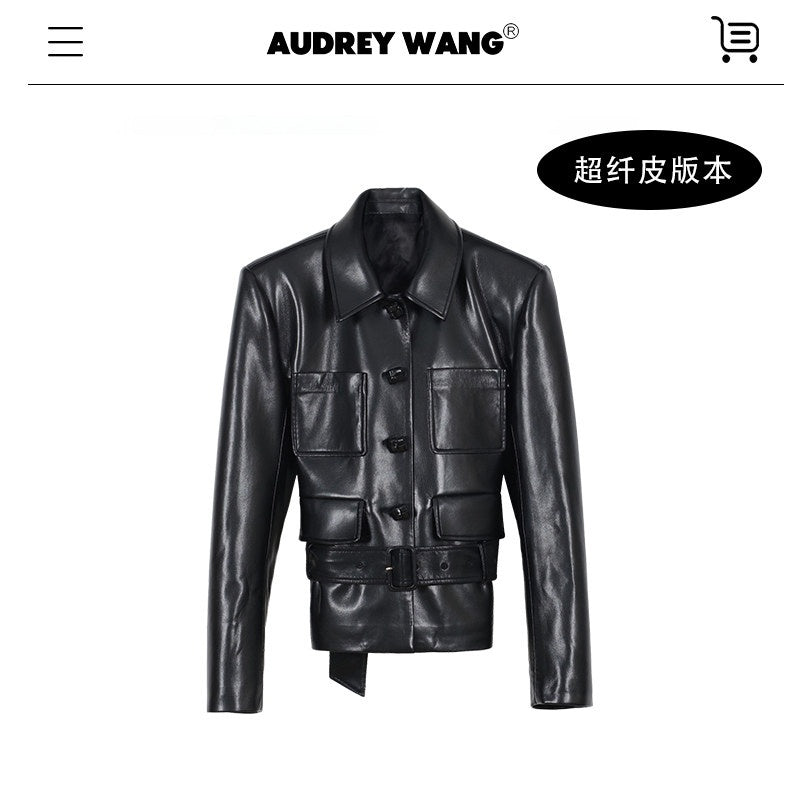 audreyyang_Belted_Lambskin_Slim_Fit_Short_Lapel_Long_Sleeve_Black_Genuine_Leather_Jackets_MISSTT