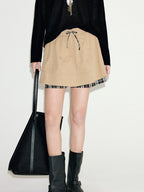 fano Khaki Drawstring A Line Mid Waist Casual Cotton Blend Women Mini Skirts