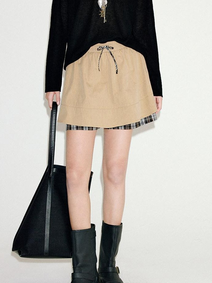 fano Khaki Drawstring A Line Mid Waist Casual Cotton Blend Women Mini Skirts