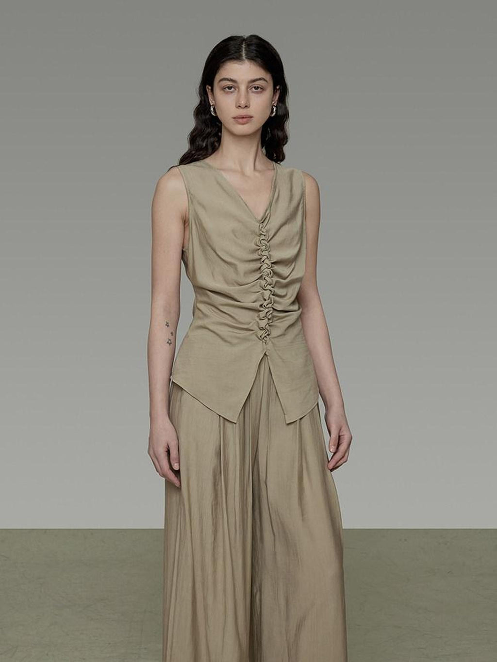 unspoken Ruched Soft Viscose Loose Workwear Women Khaki Solid Off Shoulder Crop Tops