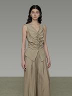 unspoken Ruched Soft Viscose Loose Workwear Women Khaki Solid Off Shoulder Crop Tops