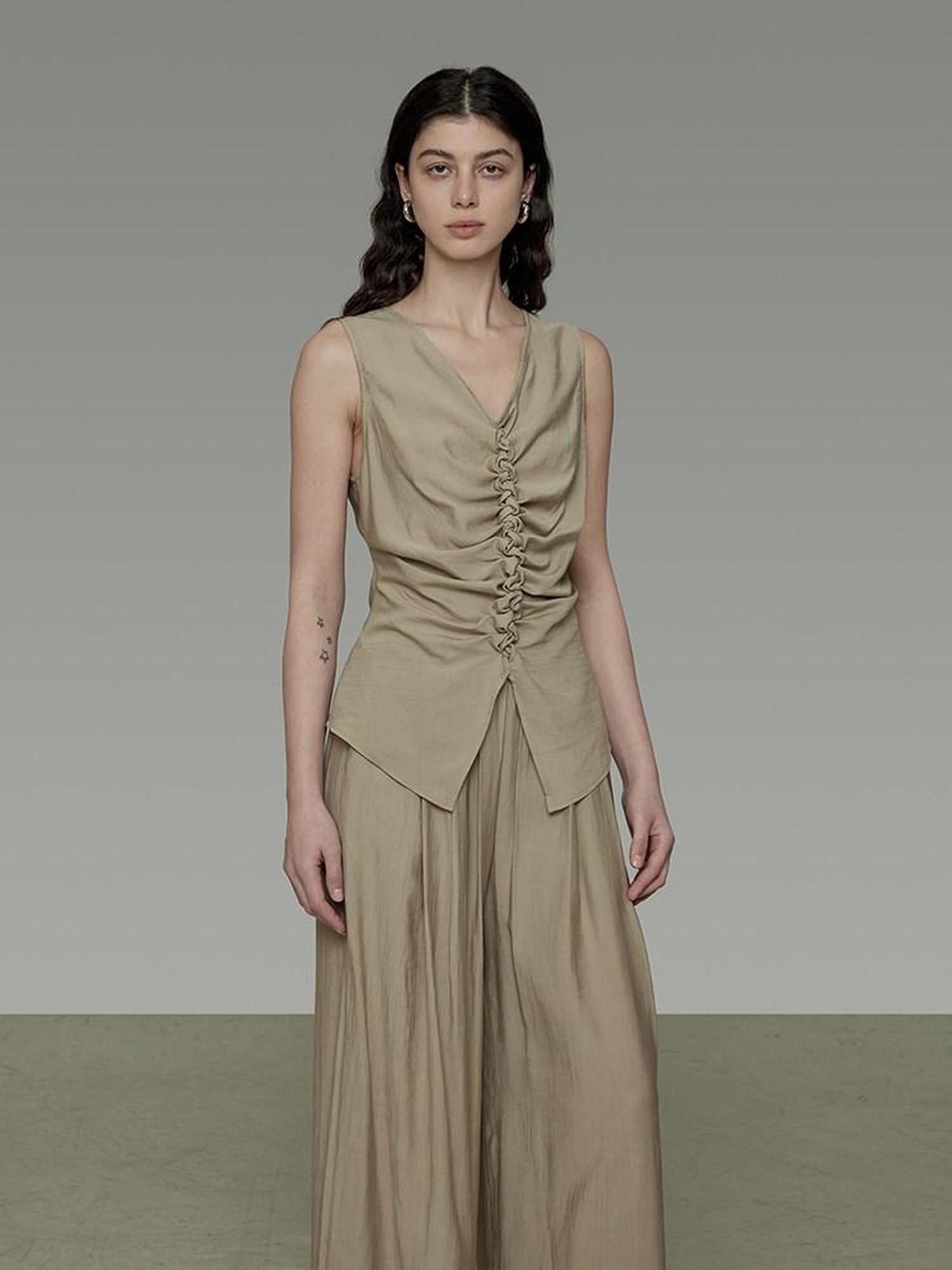 unspoken Ruched Soft Viscose Loose Workwear Women Khaki Solid Off Shoulder Crop Tops