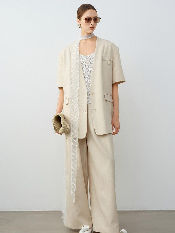 audreyyang Pure Linen Commuter Loose Fit Short Sleeve V-neck Women White Blazers
