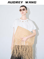 audreyyang Pure Cotton Loose Fit Casual Round Neck Women White Navy Short Sleeve T-Shirts