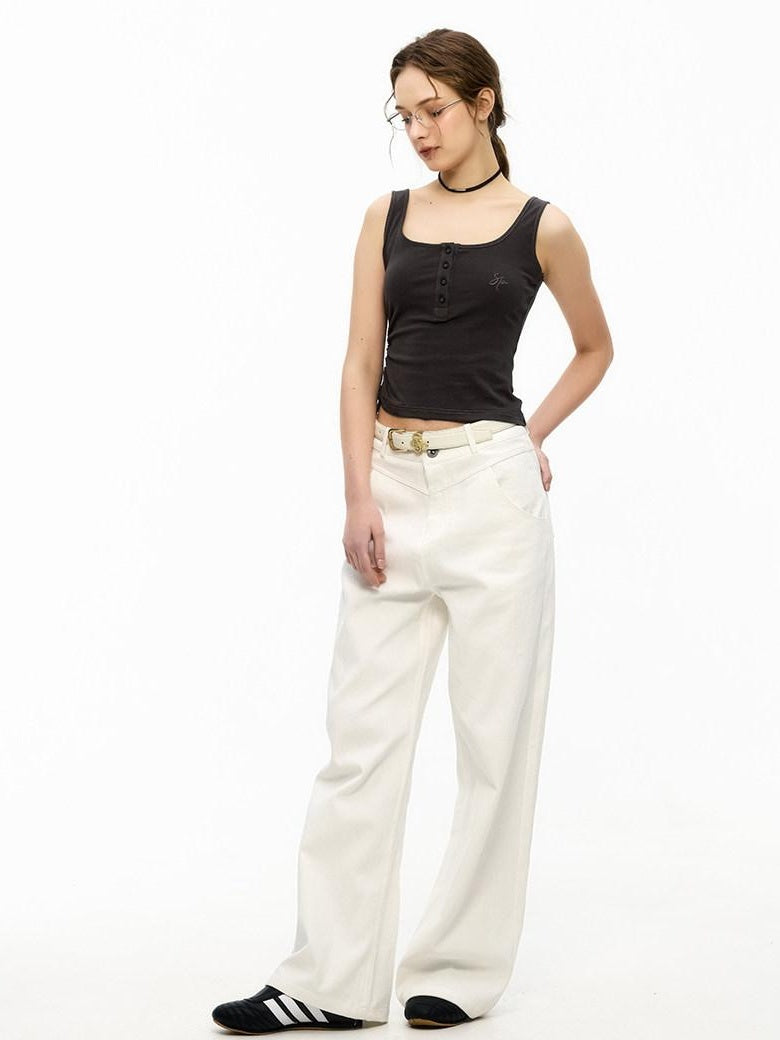 ikyou Durable Brushed Denim Natural Waist Loose Women Casual White Wide Leg Jeans
