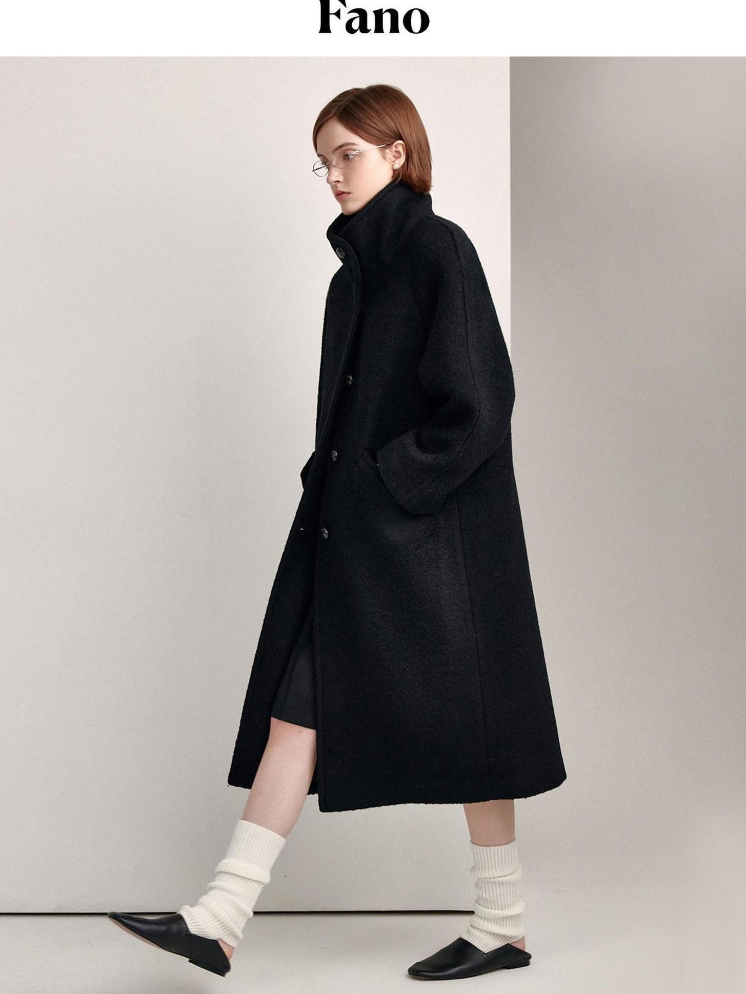 fano Soft Wool Blend Straight Cut Stand Collar Pockets Commuter Midlength Wool Coats