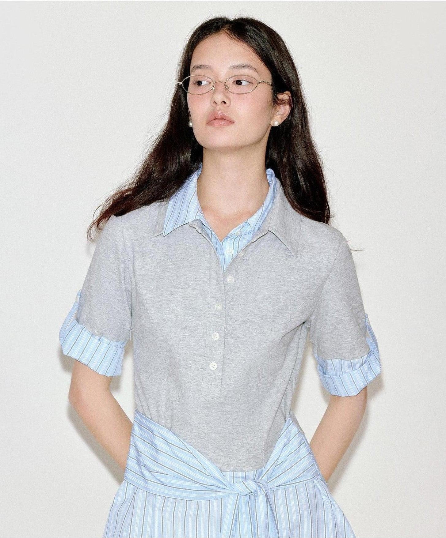 fano High Waist A Line Polo Collar Short Sleeve Cotton Blend Light Blue Midi Dresses