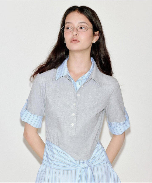 fano High Waist A Line Polo Collar Short Sleeve Cotton Blend Light Blue Midi Dresses