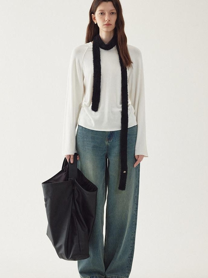 fano Soft Faux Cashmere Commuter Loose Fit Women Round Neck Long Sleeve T-Shirts
