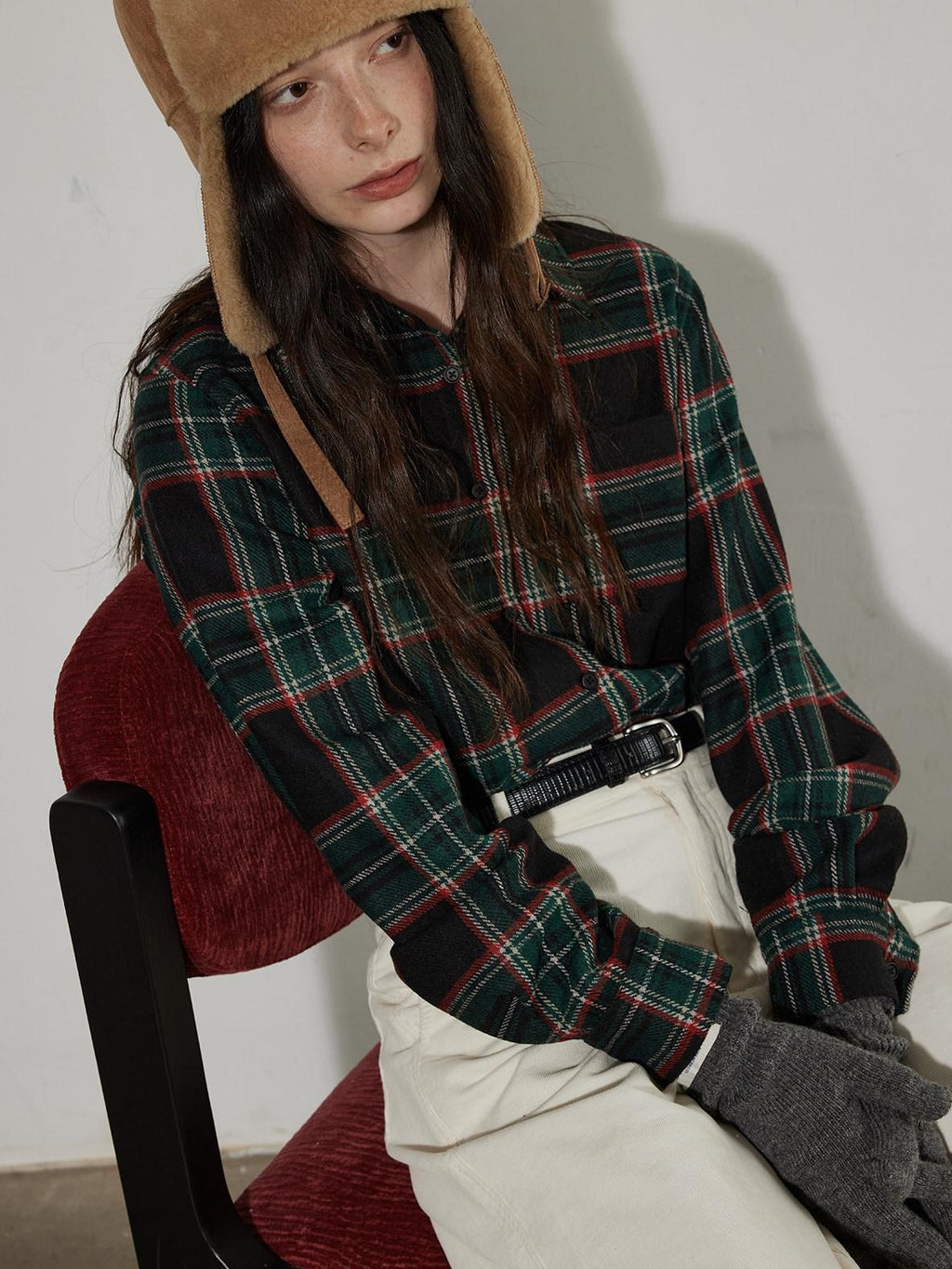 Lofi choose Work Ready Loose Fit Green Plaid Button Front Long Sleeve Polyester Women Shirts