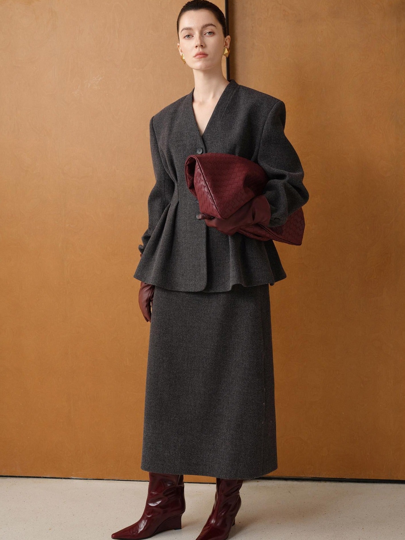 audreyyang Waist Cinch Slim Casual V-neck Single Breasted Women Office Black Wool Coats