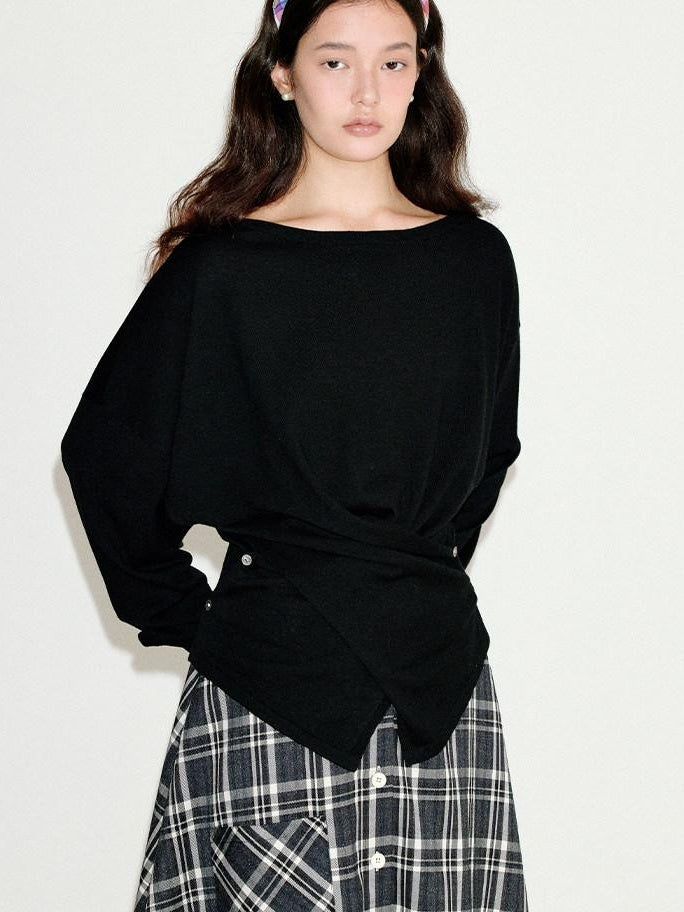 fano Soft Wool Blend Relaxed Loose Batwing Boat Neck Womens Knit Sweaters