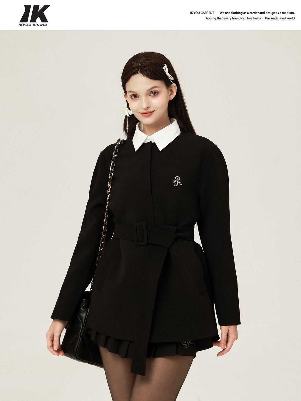 ikyou Versatile Belted Relaxed Fit Office Casual Women Polyester Black Blazers
