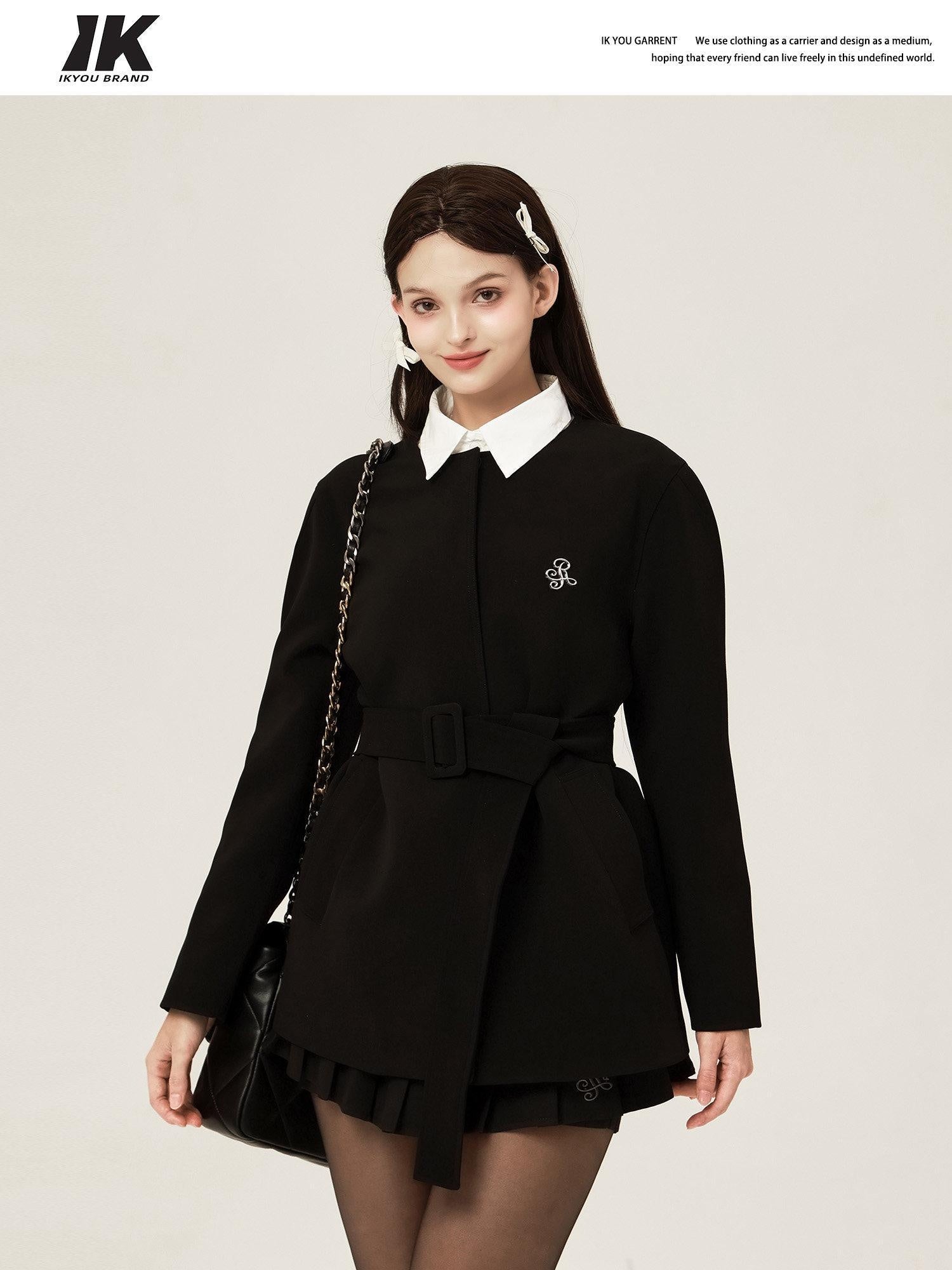 ikyou Versatile Belted Relaxed Fit Office Casual Women Polyester Black Blazers
