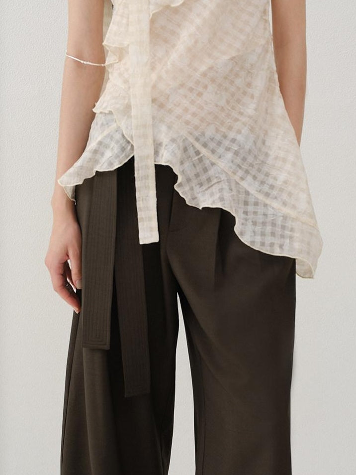 someonesometimes Minimalist Work Natural Waist Button Tea Brown Stretch Wide Leg Pants