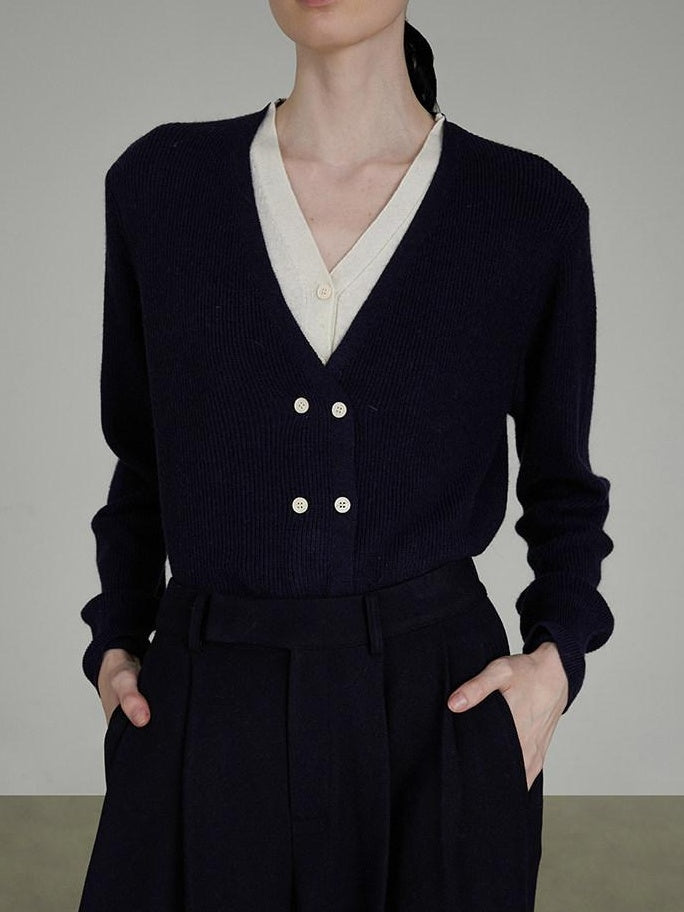 unspoken Minimal Commuter V-neck Button Loose Fit Cardigan Women Gray Colorblock Sweaters