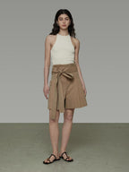 unspoken High Waist Drawstring Minimalist Workwear Cotton Blend Khaki Mid-Length Shorts