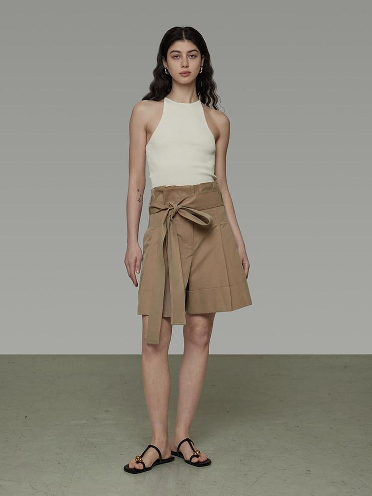 unspoken High Waist Drawstring Minimalist Workwear Cotton Blend Khaki Mid-Length Shorts