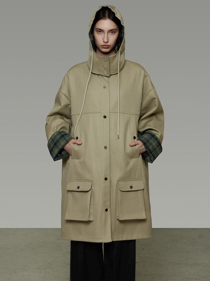 unspoken Breathable Pure Cotton Minimalist Loose Midlength Women Plaid Khaki Trench Coats