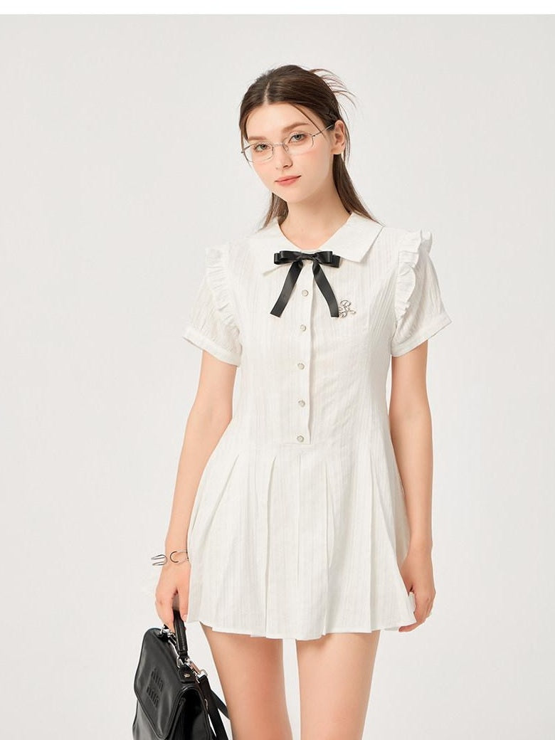ikyou Pure Cotton Cinched Waist Minimal A Line Short Sleeve White Women Midi Dresses