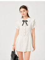 ikyou Pure Cotton Cinched Waist Minimal A Line Short Sleeve White Women Midi Dresses