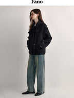 fano Elegant Double Breasted Bow Minimal Straight Fit Black Women Short Coat