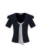 unspoken Minimal Commuter Slim Fit Knit Tie Detail Nautical Collar Men Deep Blue Sweaters