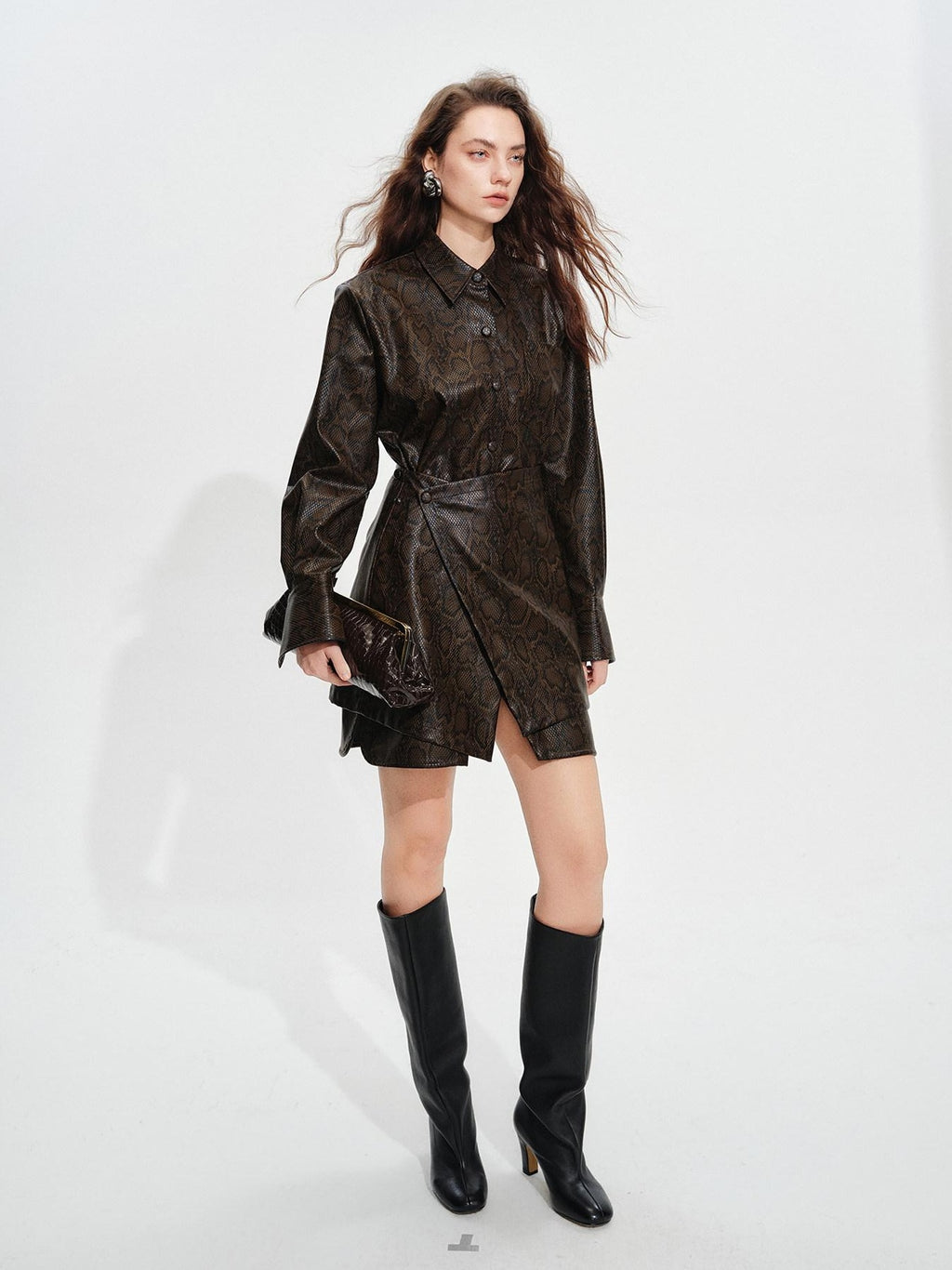 audreyyang Detachable Vintage Snake Print Pu Midlength Relaxed Womens Lapel Leather Jackets