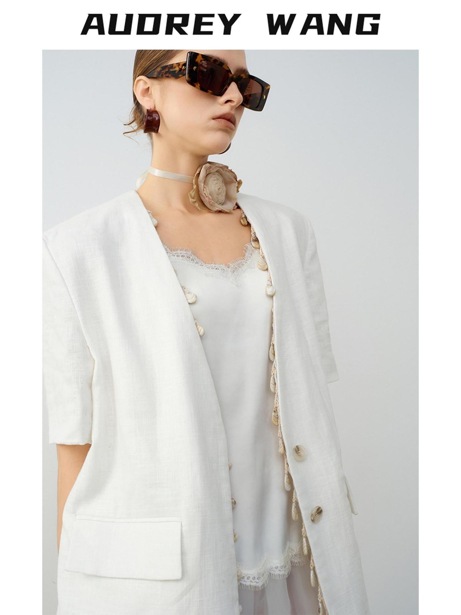 audreyyang Breathable Linen Short Sleeve Minimalist Back Vent Casual Womens Blazers