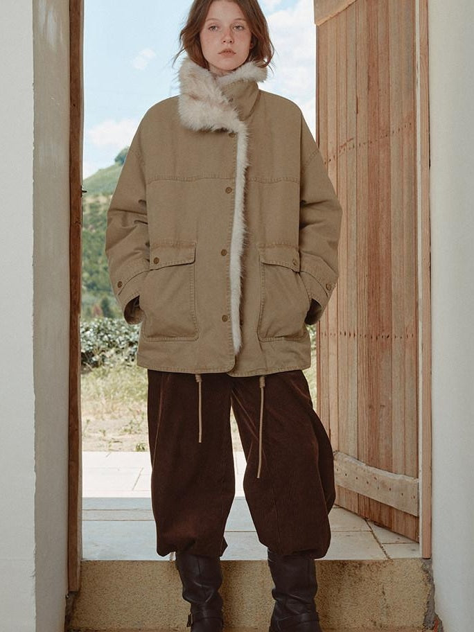 fano 90% White Duck Down Warm Korean Straight Washed Khaki Stand Collar Down Jackets