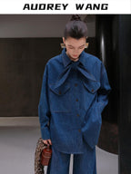 audreyyang Vintage Bow Loose Fit Cotton Lapel Patch Pocket Casual Women Denim Jackets