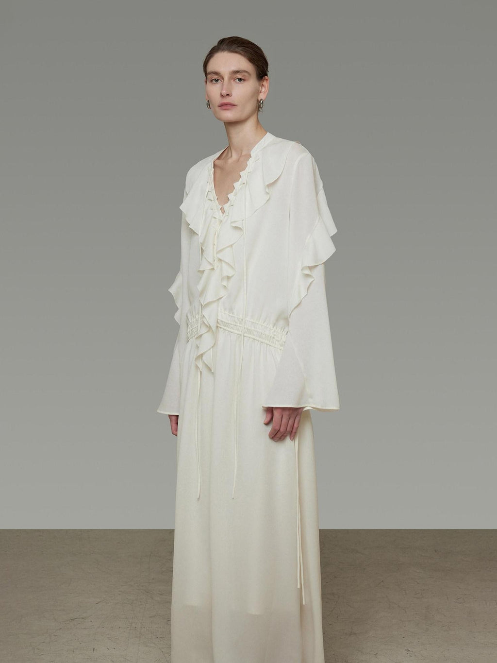 unspoken Breathable Minimal Ruffle Long Sleeve Loose H Fit Women Polyester Maxi Dresses
