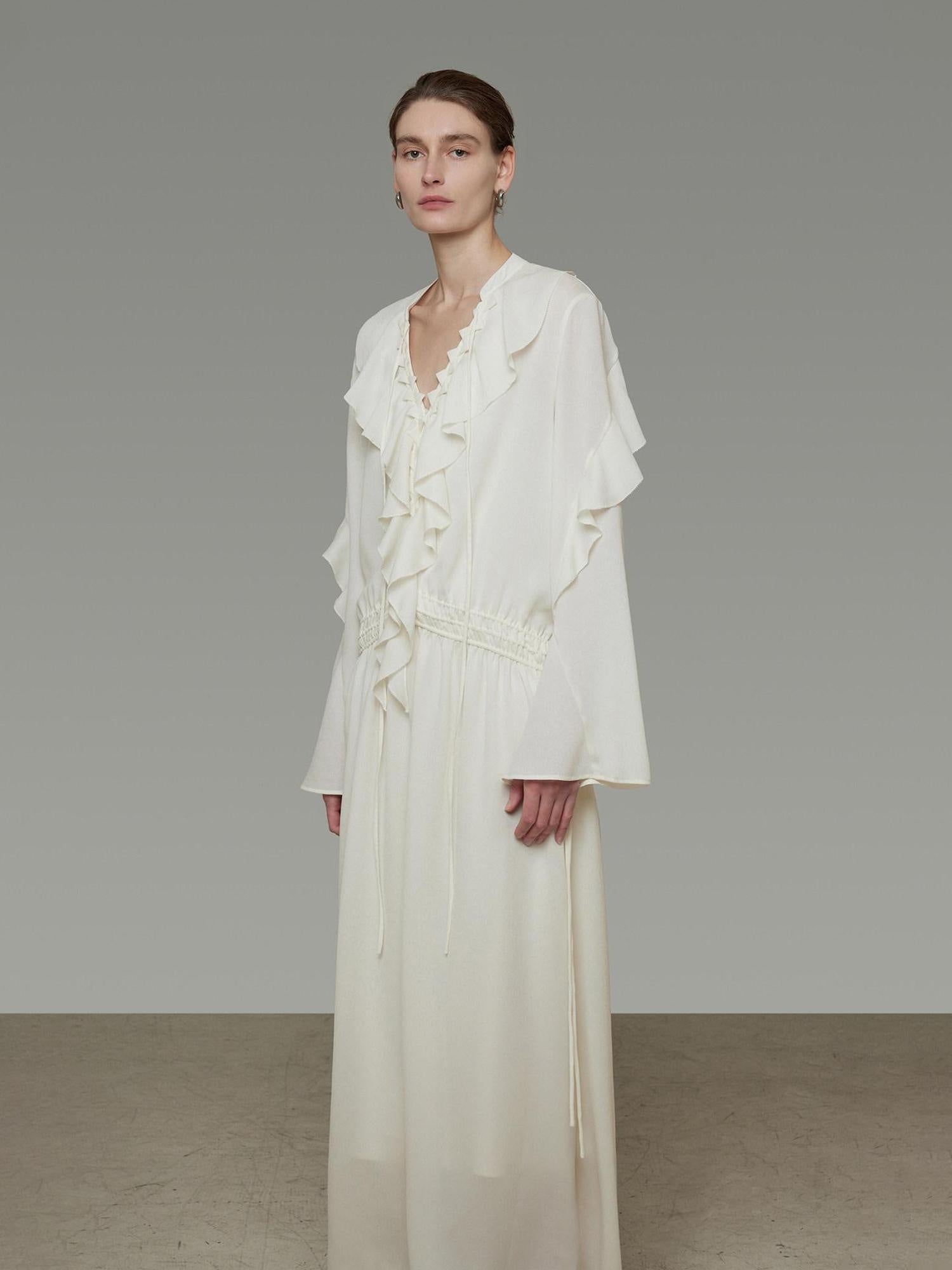 unspoken Breathable Minimal Ruffle Long Sleeve Loose H Fit Women Polyester Maxi Dresses