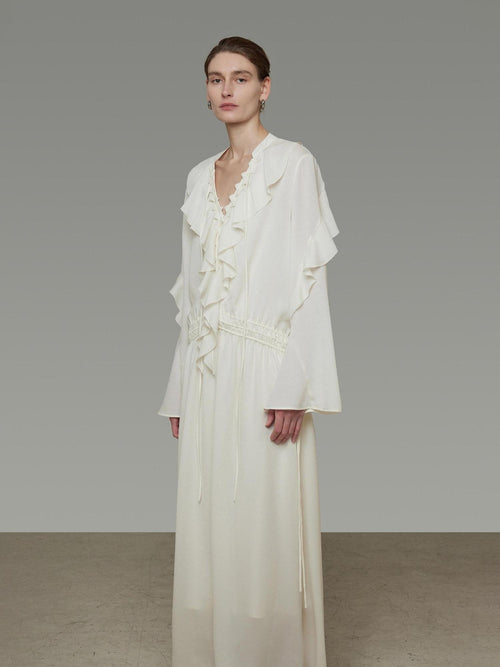 unspoken Breathable Minimal Ruffle Long Sleeve Loose H Fit Women Polyester Maxi Dresses