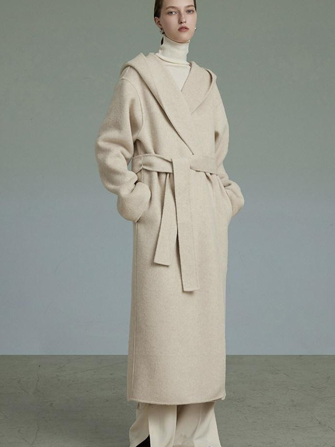 unspoken Premium 90 Wool 10 Alpaca Hooded Minimal Straight Long Oatmeal Wool Coats