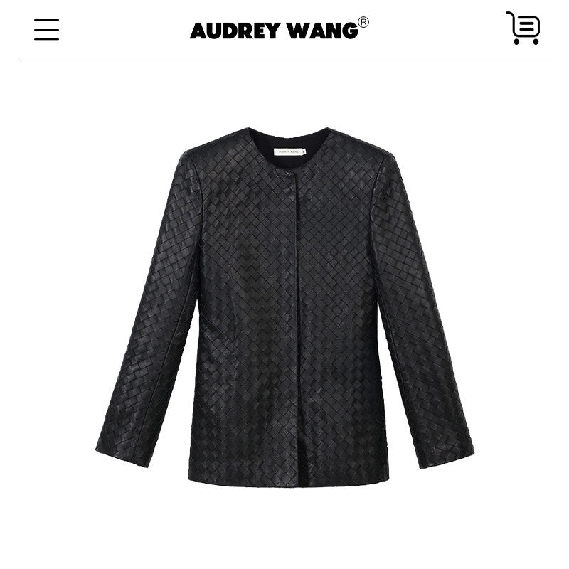 audreyyang_Soft_Lambskin_Vintage_Loose_Fit_Collarless_Black_Woven_Women_Leather_Jackets_MISSTT