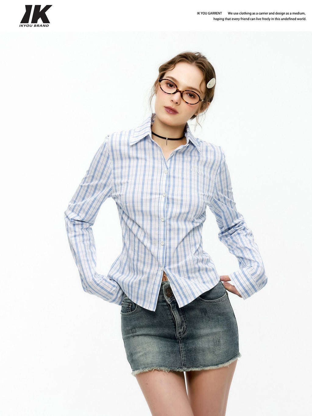 ikyou Shape Retention Slim Fit Pleated Embroidered Plaid Collared Long Sleeve Shirts