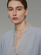 unspoken Breathable Lace V-neck Loose Fit Office Women Button Long Sleeve Blouses