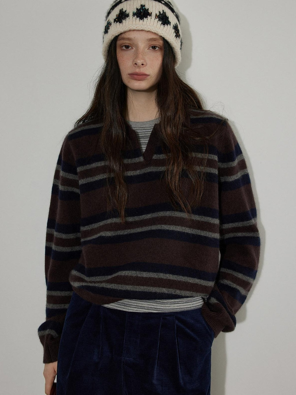 Lofi choose Soft Knitted Pullover Commuter Oversized Polo Collar Striped Women Sweaters