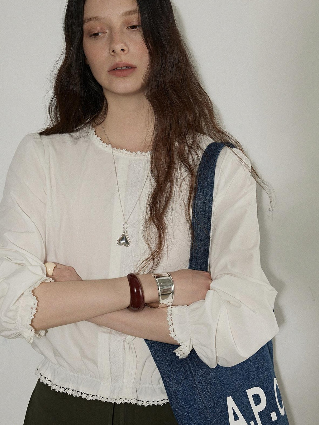 Lofi choose Pure Cotton Lace Trim Office Loose Fit Round Neck Long Sleeve Women Blouses