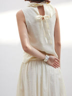 someone sometimes Original Slim Tie Detail Stand Collar Sleeveless Cream Pullover Top & Skirt Sets