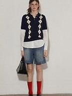 Lofi choose Cozy Argyle Polo Short Sleeve Loose Fit Vintage Knitwear Women Sweaters