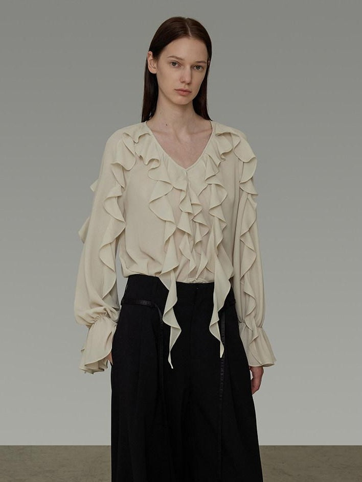 unspoken Breathable Soft Minimalist Commuter Loose Bell Sleeve V-neck Office Blouses