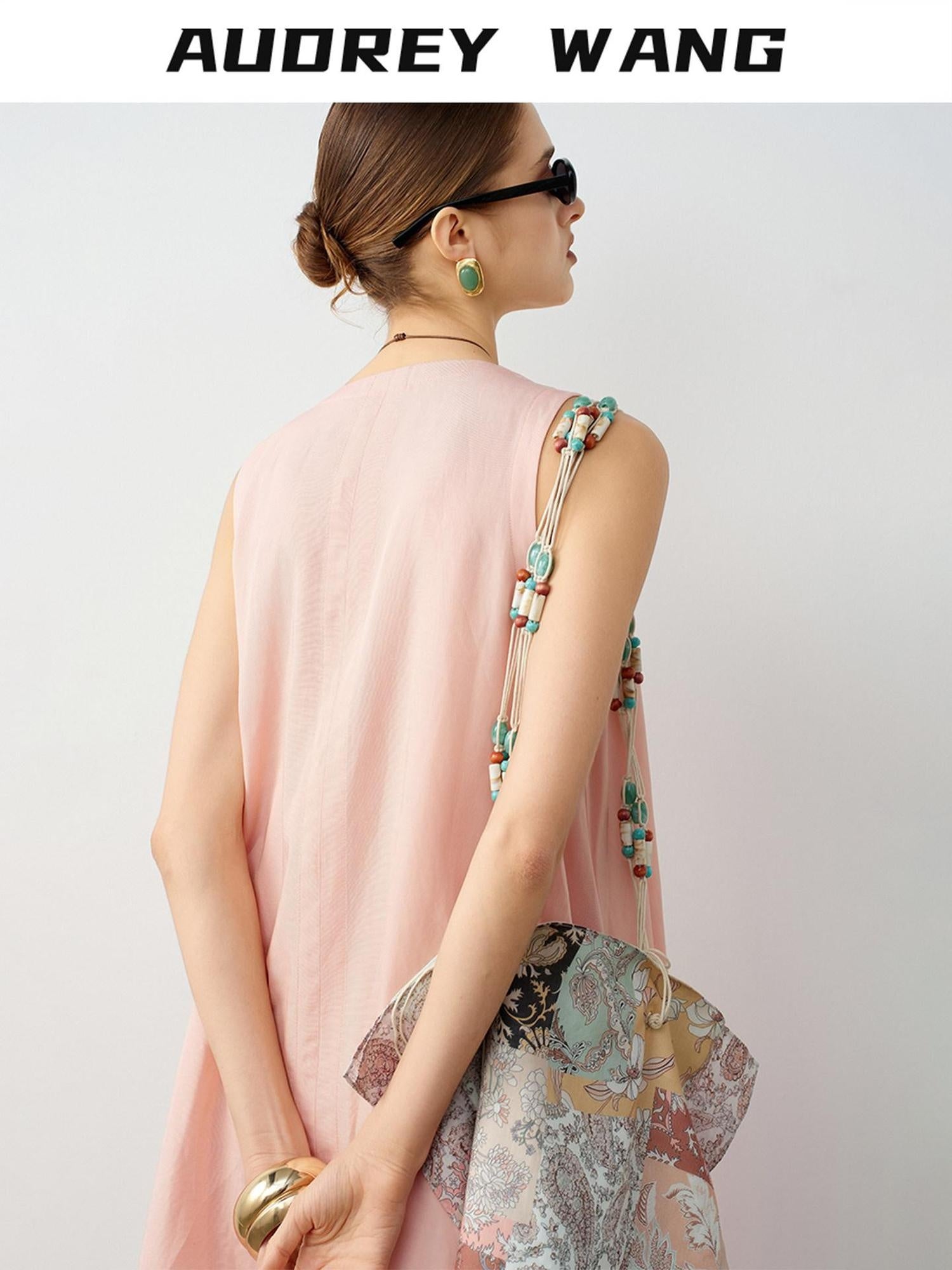 audreyyang Linen Blend V-neck Sleeveless A Line Casual Pink Maxi Dresses