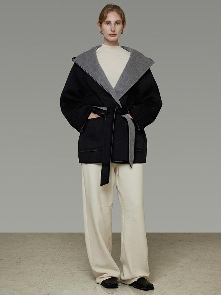 unspoken Minimal Commute Relaxed Fit Hooded Tie Waist Sculpted Cut Black Gray Wool Coats
